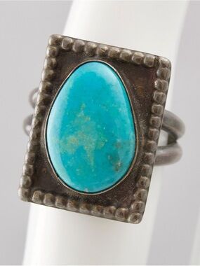 Vintage Turquoise Sterling Silver Ring Size 6.25 Freeform Oblong Cabochon